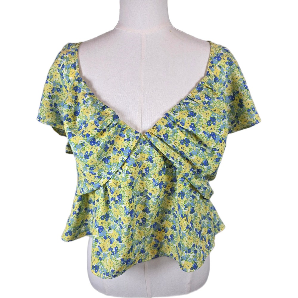 ASTR The Label Blue Yellow Floral V-Neck Pleated Peplum Blouse